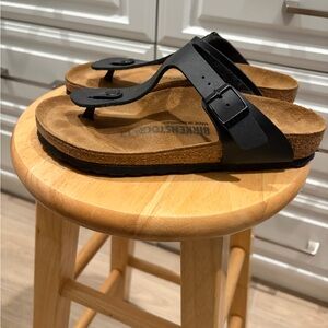 Birkenstock Black Leather Toe-Post Sandals with Buckle
